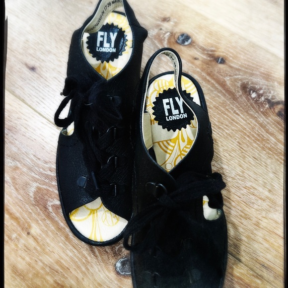 Fly London Black Leather Tie Sandals - Picture 7 of 7